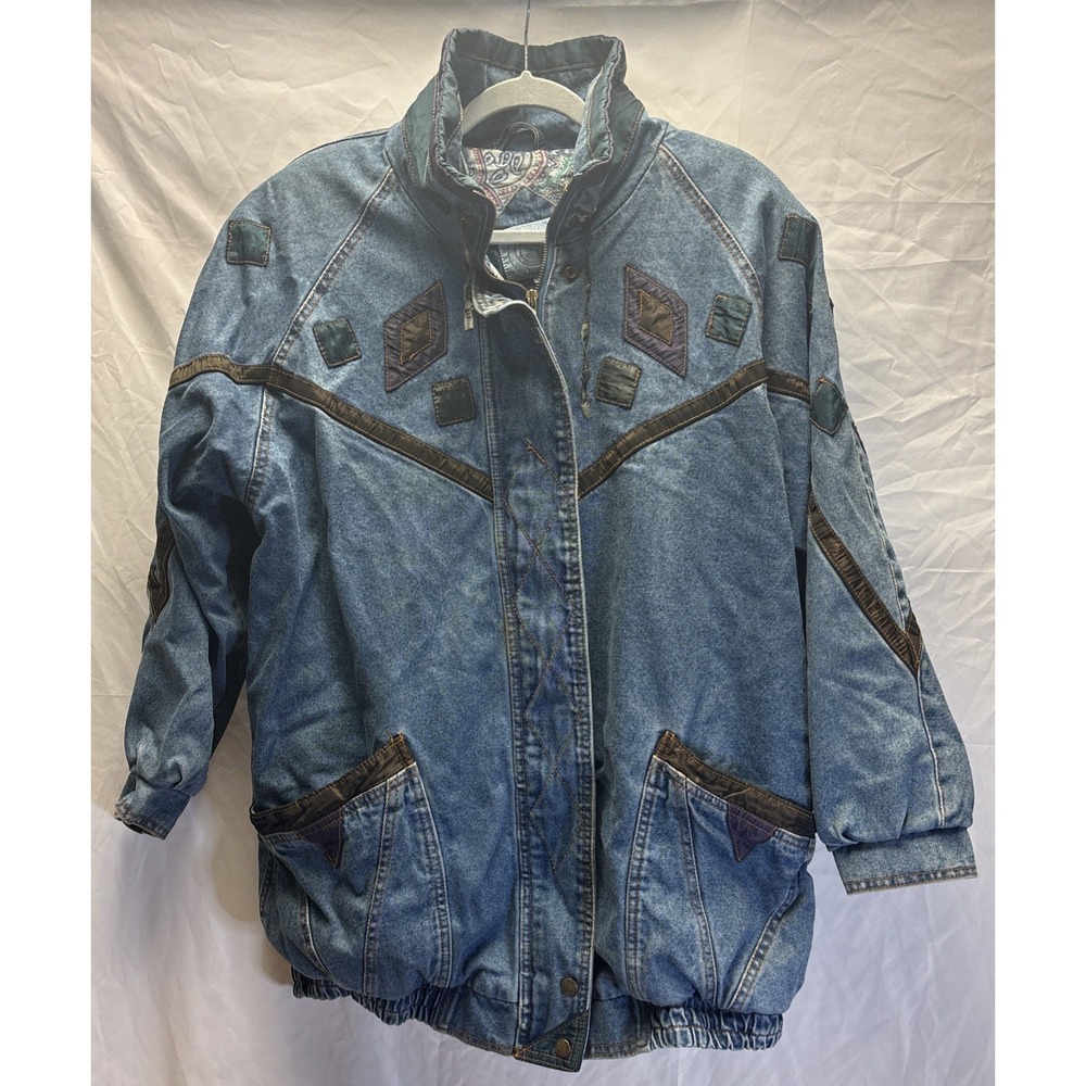 Vintage 90s Be In The Seen Denim Jacket Womens L Suede Trim Paisley Lined